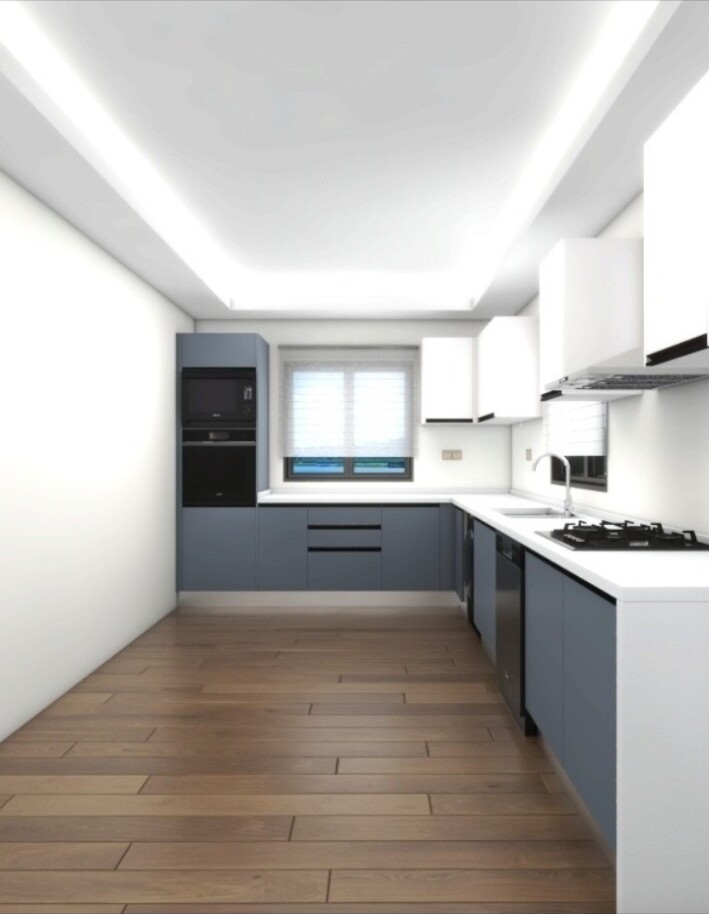 3D kitchen design with grey cabinets and white worktops
